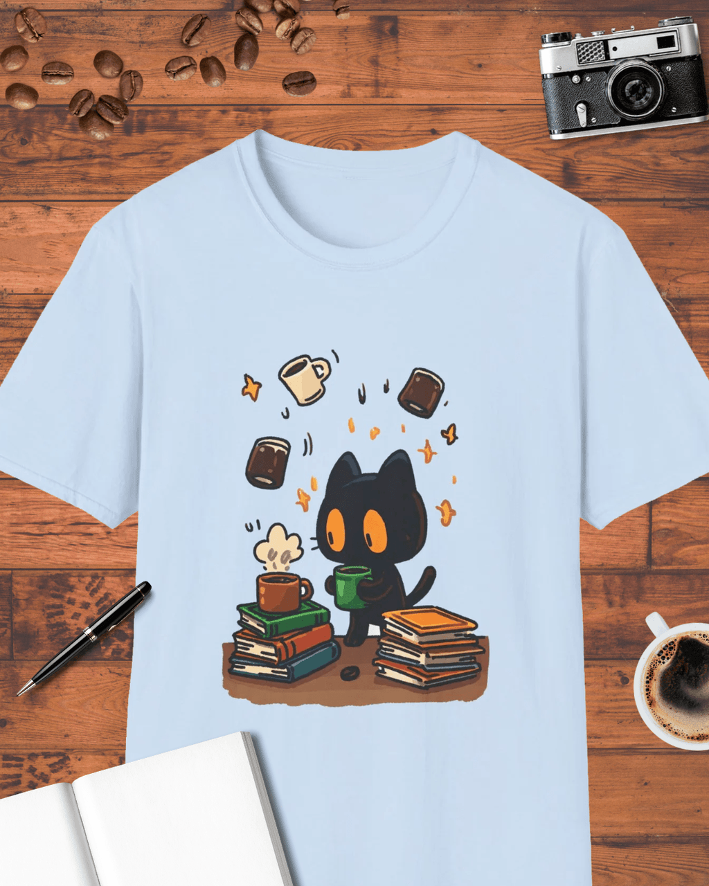 Cute Coffee Cat & Books T-Shirt