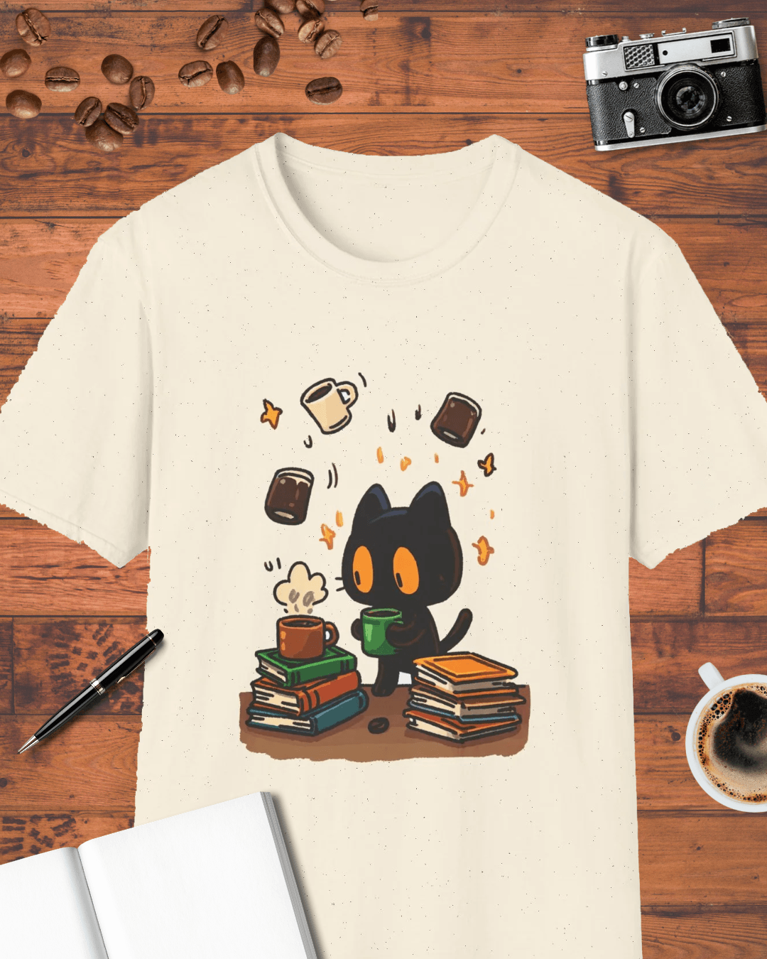 Cute Coffee Cat & Books T-Shirt