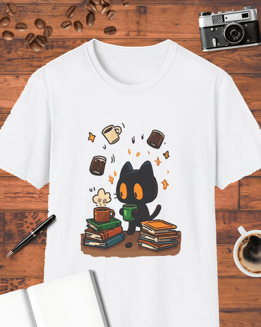 Cute Coffee Cat & Books T-Shirt