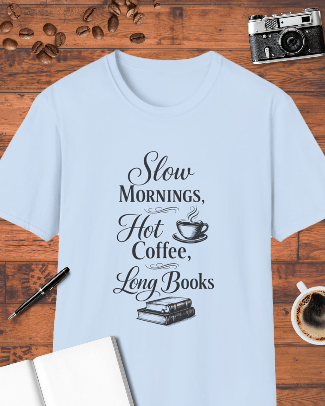 Slow Mornings Hot Coffee Long Books T-Shirt