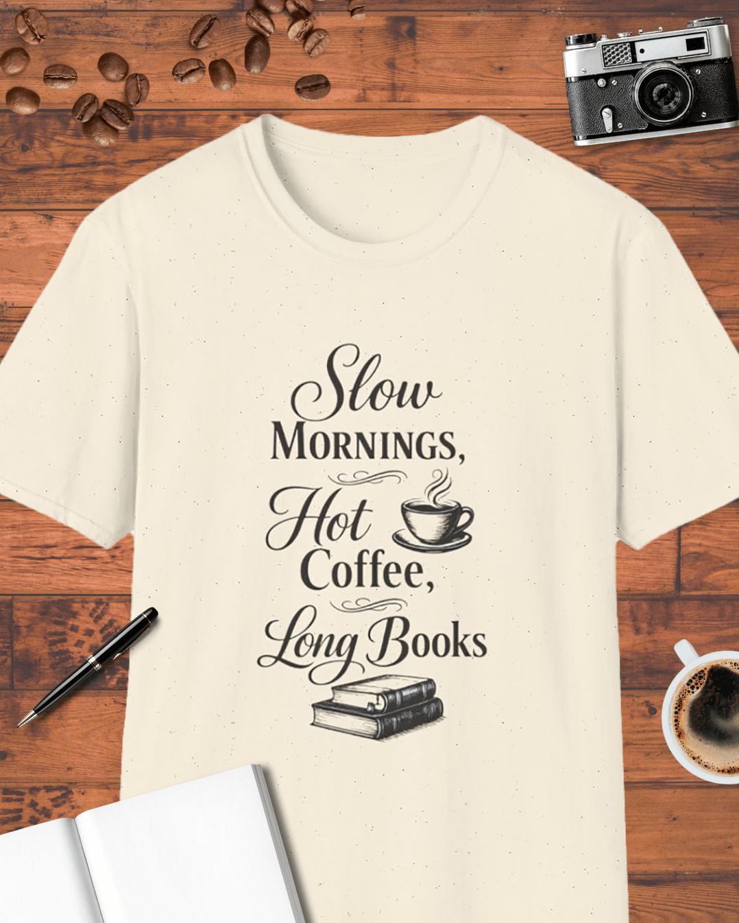 Slow Mornings Hot Coffee Long Books T-Shirt