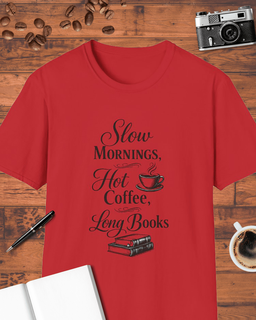 Slow Mornings Hot Coffee Long Books T-Shirt