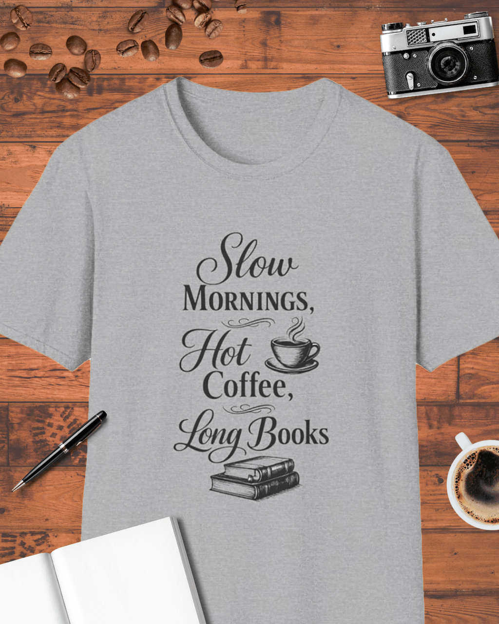 Slow Mornings Hot Coffee Long Books T-Shirt