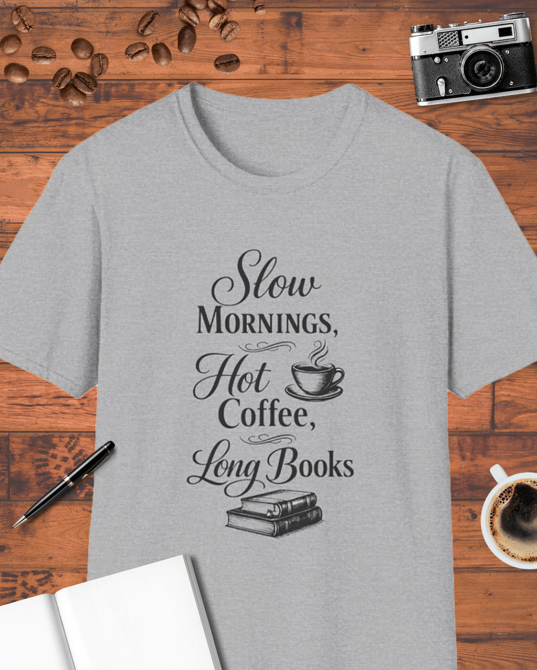 Slow Mornings Hot Coffee Long Books T-Shirt